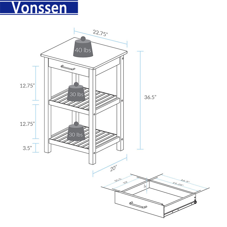 Vonssen Sunrise American Maple Top Kitchen Island White SI-20205