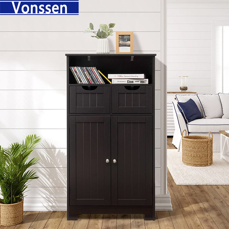 Vonssen Bathroom Cabinet Storage Cabinet with 2 Glass Doors 2 Shutter Doors Free Standing Floor Cabinet with 4 Shelves  SI-80143