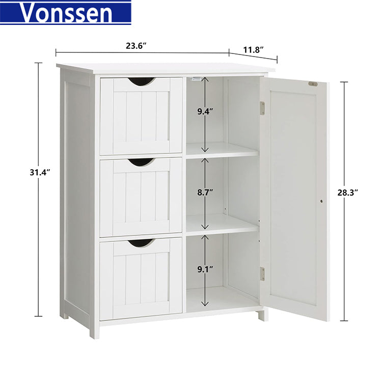 Vonssen Bathroom Floor Cabinet Wooden Storage Cabinet with 1 Door & 3 Drawer Free Standing Entryway Cupboard Spacesaver Cabinet VS1011100110 --