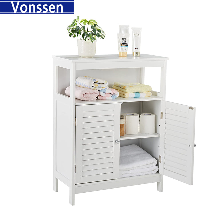 Vonssen Bathroom Floor Cabinets Freestanding Storage Cabinet with Shelves and Shutter Doors Small Wooden Cupboard White Side Cabinet  SI-80145