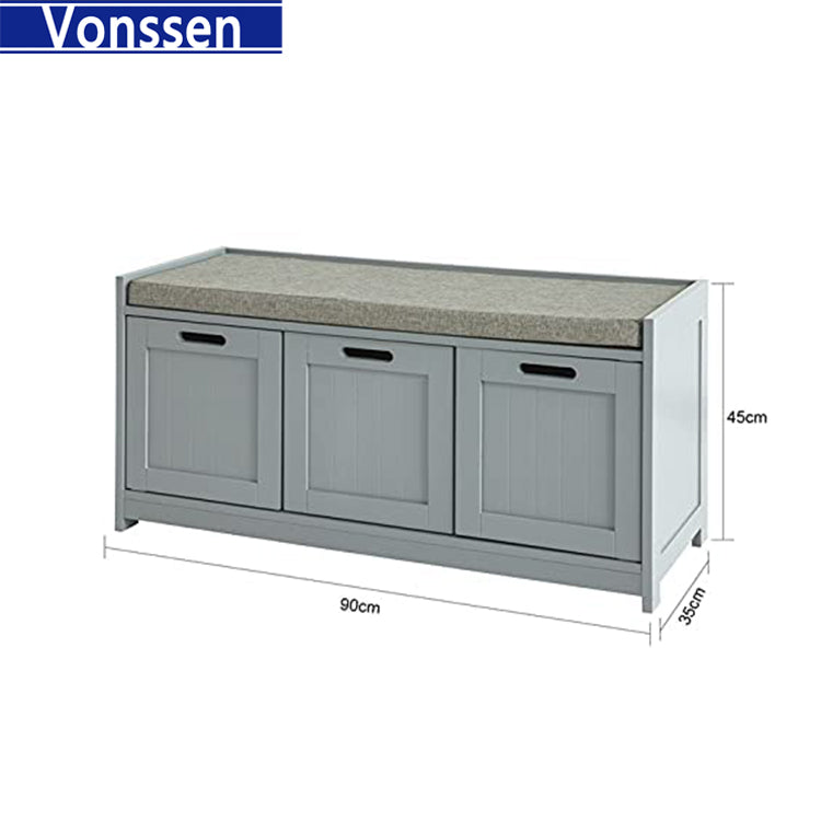 Vonssen 3 Seater Wooden Padded Shoe Bench Seat Cabinet Organiser Storage Drawers SI-20168