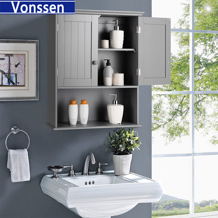 Vonssen Mobili Bathroom Wall Cabinet Mdf White 2 Doors 1 Shelf Hanging Makeup Dispenser SI-80144