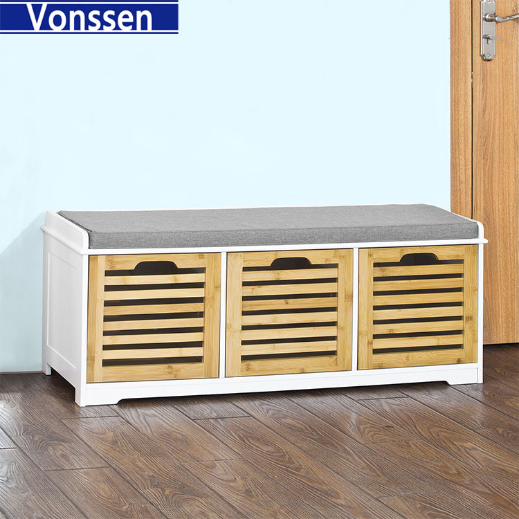 Vonssen White Storage Bench with 2 Drawers Removable Seat Cushion Shoe Cabinet Shoe Bench SI-20166