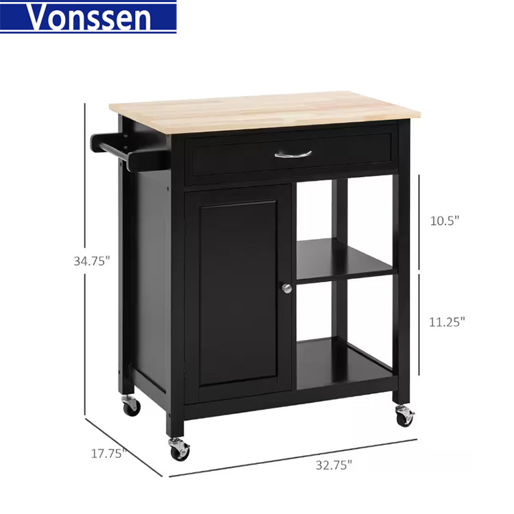 Vonssen Small Kitchen Island Cart with Storage Drawers and Shelves Kitchen Cart on Wheels Accent Cabine with Wood Countertop and Spice Rack for Kitchen Room SI-50058