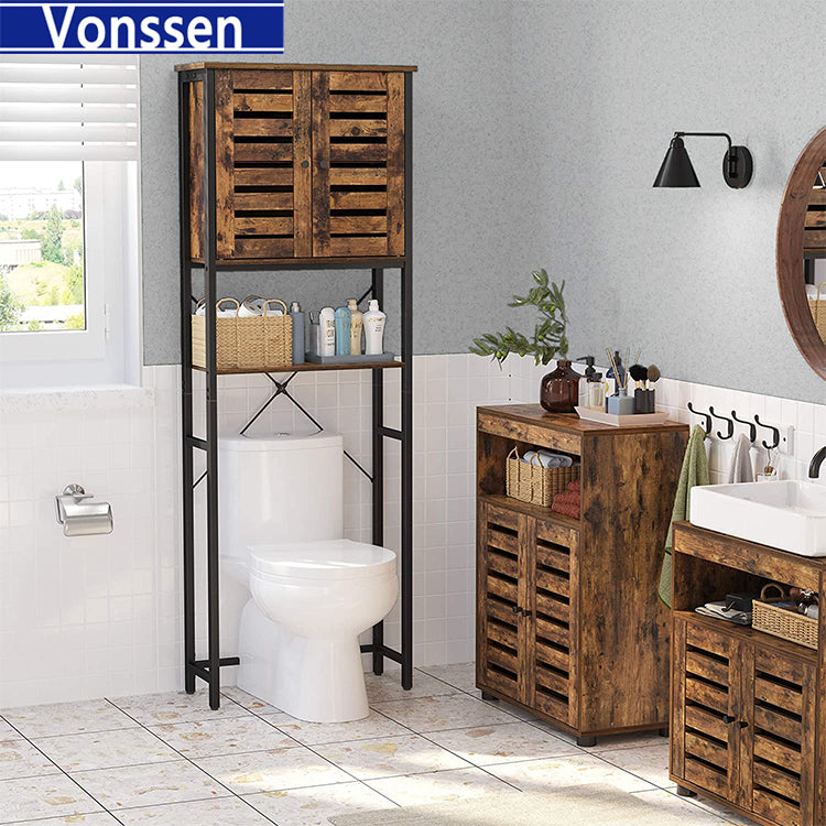 Vonssen Over-The-Toilet Storage Bathroom Organizer Cabinet with Cupboard and Shelf Steel Frame Easy Assembly Industrial Rustic Brown and Black VS1040700001