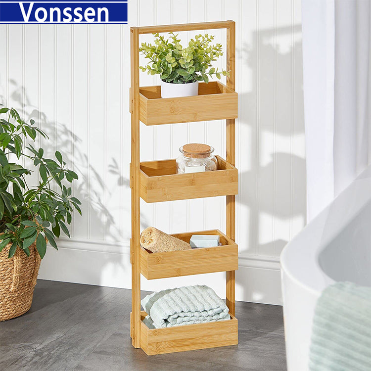 Vonssen Free-Standing 4-Tiered Shelf for Bathroom Wood Bamboo Storage Rack Room Decor Shelves Decorative Organizer Bins for Bath Towels Hand Soap and Toiletries VS1041200077