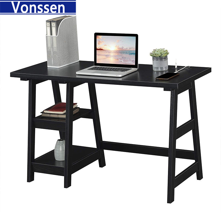 Vonssen Trestle Computer Desk Home Office Workstation w/Removable Shelves Vintage White SI-20081