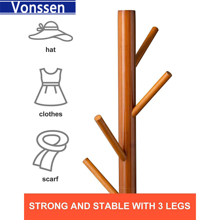 Vonssen Bamboo Coat Rack Freestanding Stand Tree Adjustable Coat with 3 Sections 8 Hooks Easy to Assemble Standing Coat Jackets Hanger for Bedroom Office Hallway Entryway Brown VS1060400021