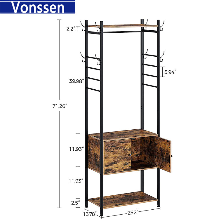 Vonssen Hall Tree with Shelf and Storage Cabinet Entryway Bench with 4 Side Hooks VS1060400007