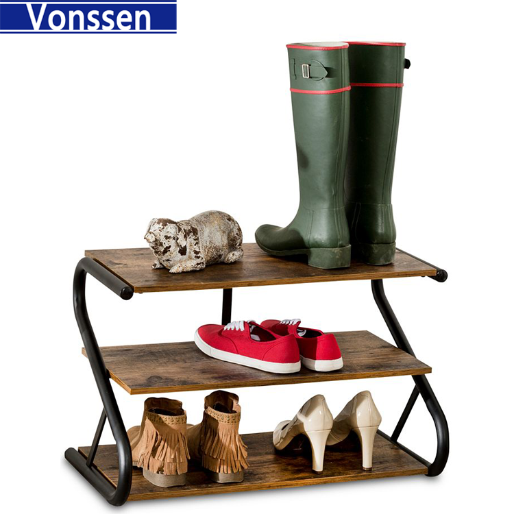 Vonssen Modern Industrial Metal Wood 3-Tier Shoe Rack Holds up to 9 Pair of Shoes VS1060200028