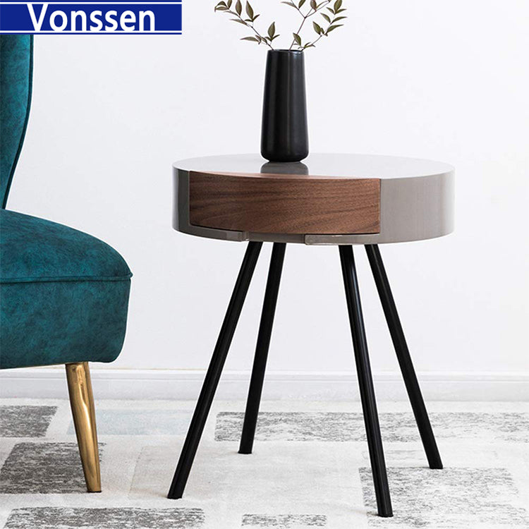 Vonssen Small Round Side Table with Drawer,Heavy Duty Metal Legs Farmhouse Side Table, Nightstand End Table Accent Coffee End Table for Living Room Bedroom Office SI-20076