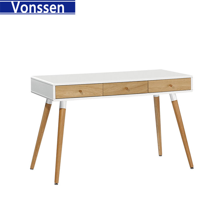 Modern Computer Vanity-Desk with Drawers and Solid Wooden Legs For Bedroom Furniture Home Office Study Work Writing Standing Makeup Vanity Table Workstation White 9615