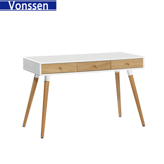 Modern Computer Vanity-Desk with Drawers and Solid Wooden Legs For Bedroom Furniture Home Office Study Work Writing Standing Makeup Vanity Table Workstation White 9615