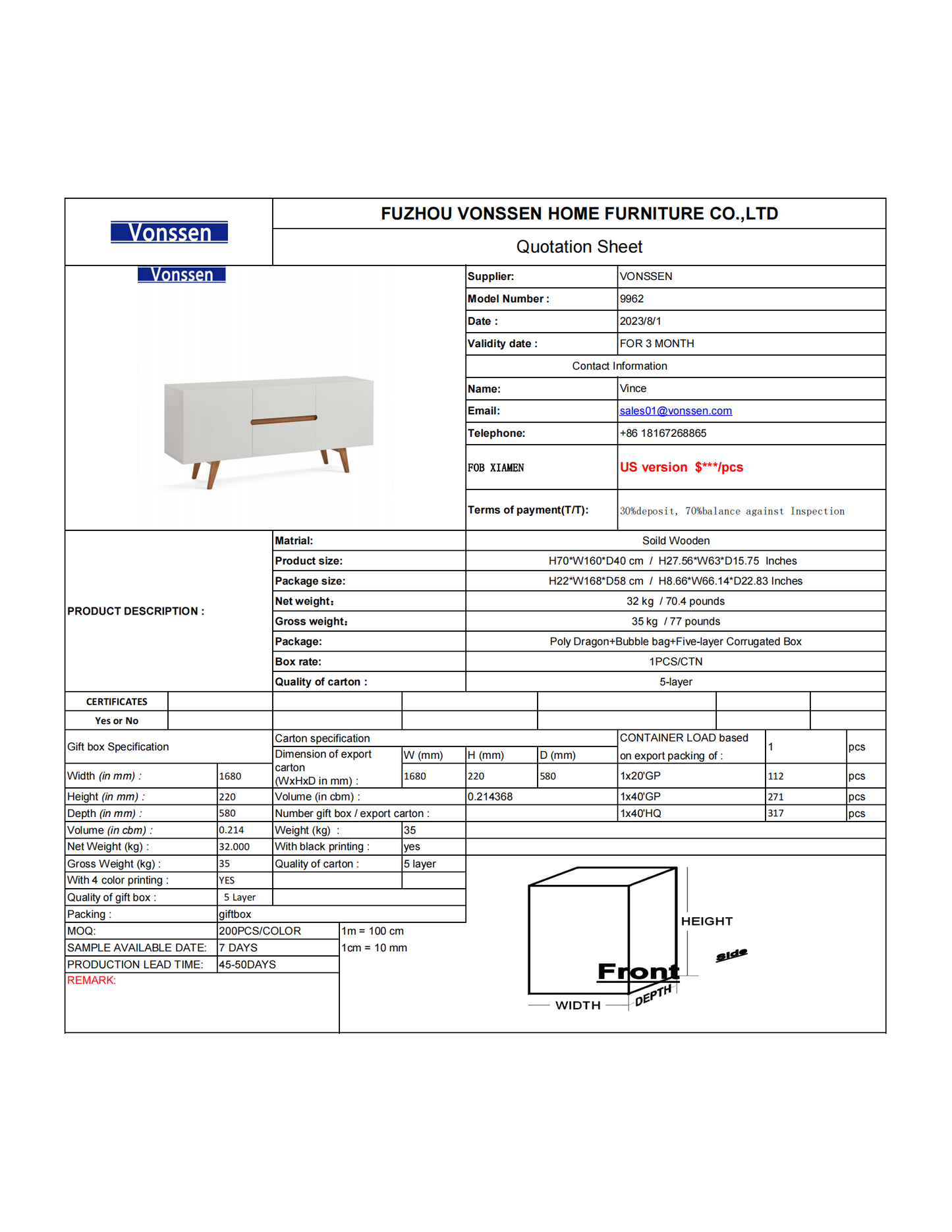 Nordic Furniture White Soild Sideboard Original Design Sideboard with Wooden Legs 9962