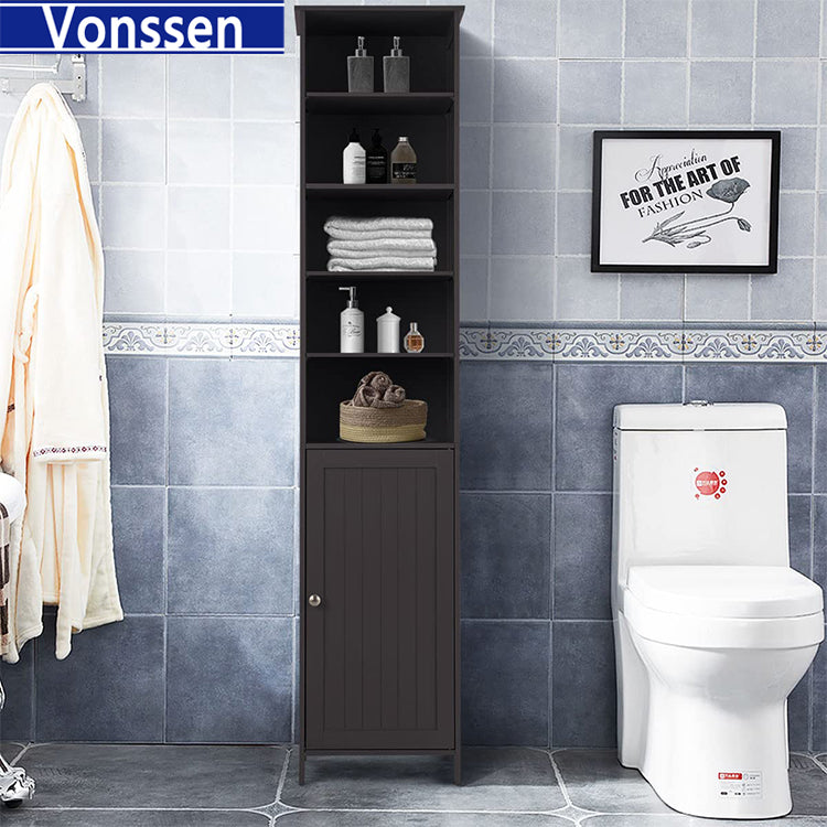 Vonssen Tall Cabinet WATERJOY Standing Tall Storage Cabinet Wooden White Bathroom Cupboard with Door and 5 Adjustable Shelves Elegant and Space-Saving SI-80148