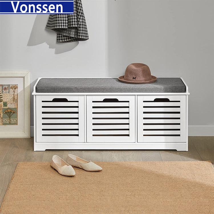 Vonssen White Storage Bench with 2 Drawers Removable Seat Cushion Shoe Cabinet Shoe Bench SI-20166