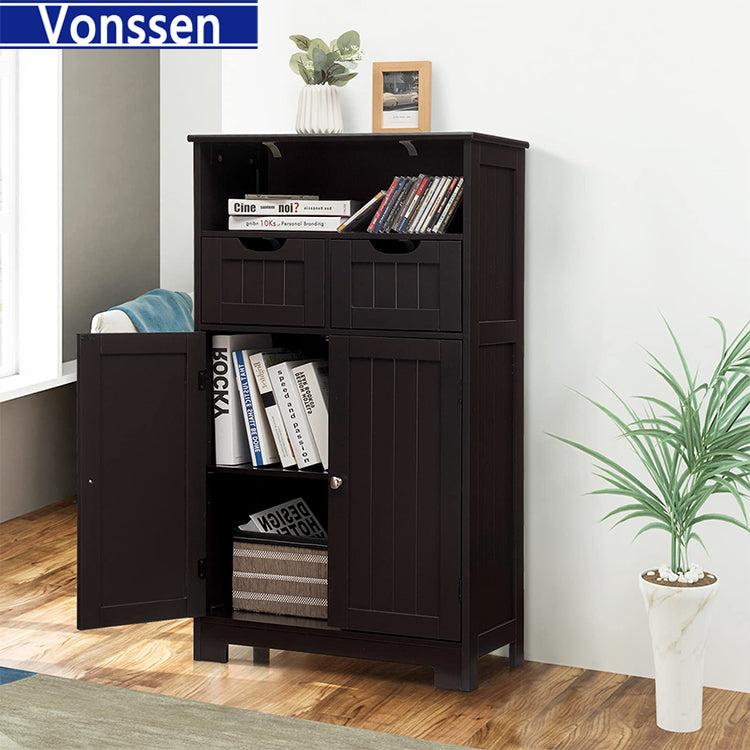 Vonssen Bathroom Cabinet Storage Cabinet with 2 Glass Doors 2 Shutter Doors Free Standing Floor Cabinet with 4 Shelves  SI-80143