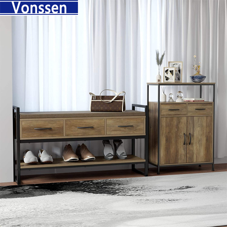 Vonssen  Shoe Bench Rack with Removable Cushion 2 Tier Shoe Bench with 3 Fabric Drawer for Entryway Bedroom Living Room Hallway Cherry VS1060200029