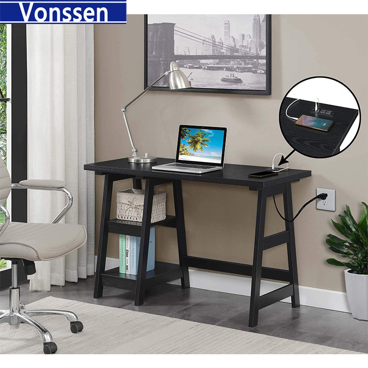 Vonssen Trestle Computer Desk Home Office Workstation w/Removable Shelves Vintage White SI-20081