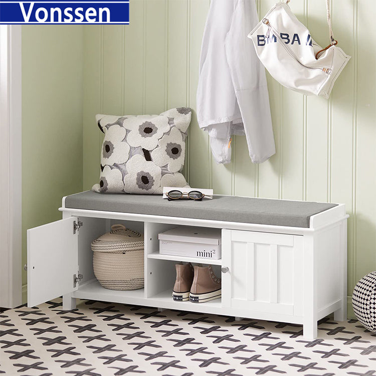 Vonssen White Storage Bench with 2 Doors Shelf Removable Seat Cushion Shoe Cabinet SI-20342