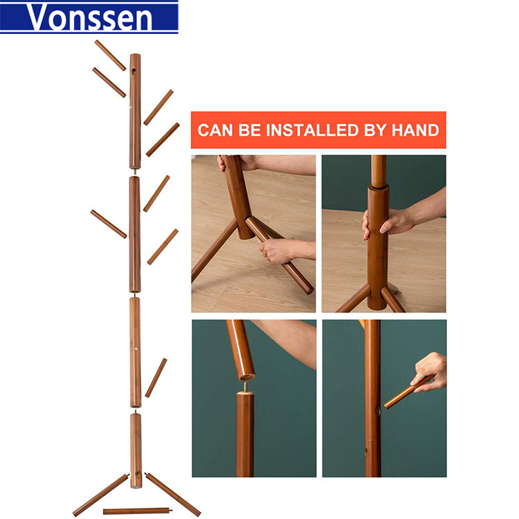 Vonssen Bamboo Coat Rack Freestanding Stand Tree Adjustable Coat with 3 Sections 8 Hooks Easy to Assemble Standing Coat Jackets Hanger for Bedroom Office Hallway Entryway Brown VS1060400021