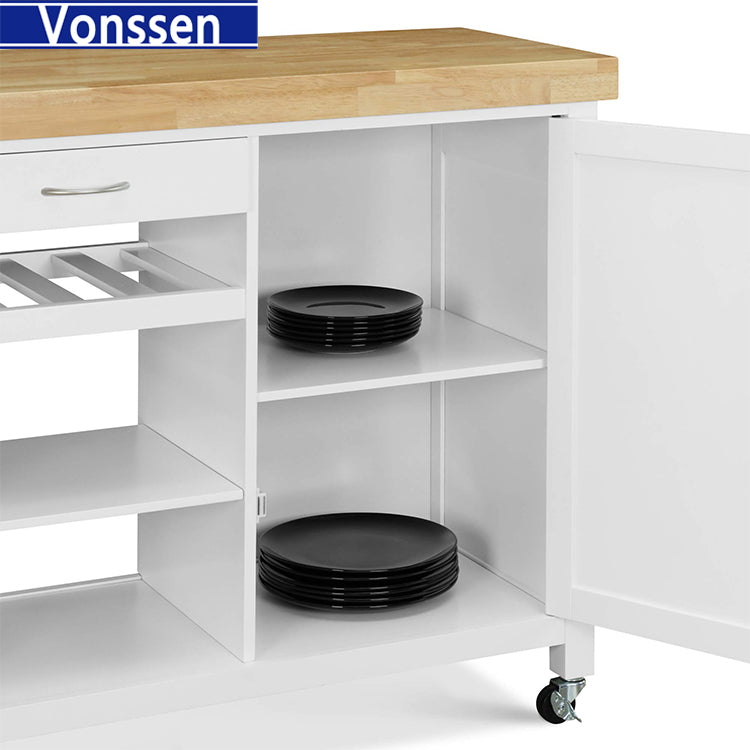 Vonssen Kitchen Island Cart Rolling Serving Cart Wood Trolley with Drawer Storage Cabinet Wine Bottle Rack Towel Rack and Lockable Wheels SI-20070