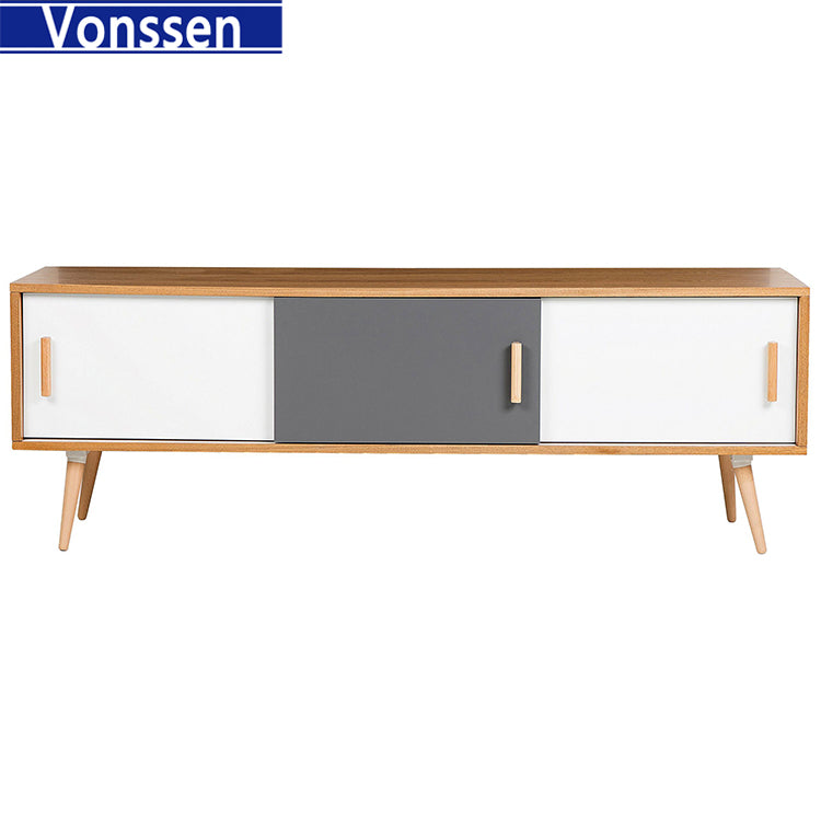 Modern Sideboard Solid Wood TV Stand Cable Management Hole White Grey 9604