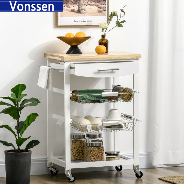 Vonssen Kitchen Trolley with Folding Top Country Style 3 Baskets Knife Block Bottle Rack Butler White MDF SI-20224