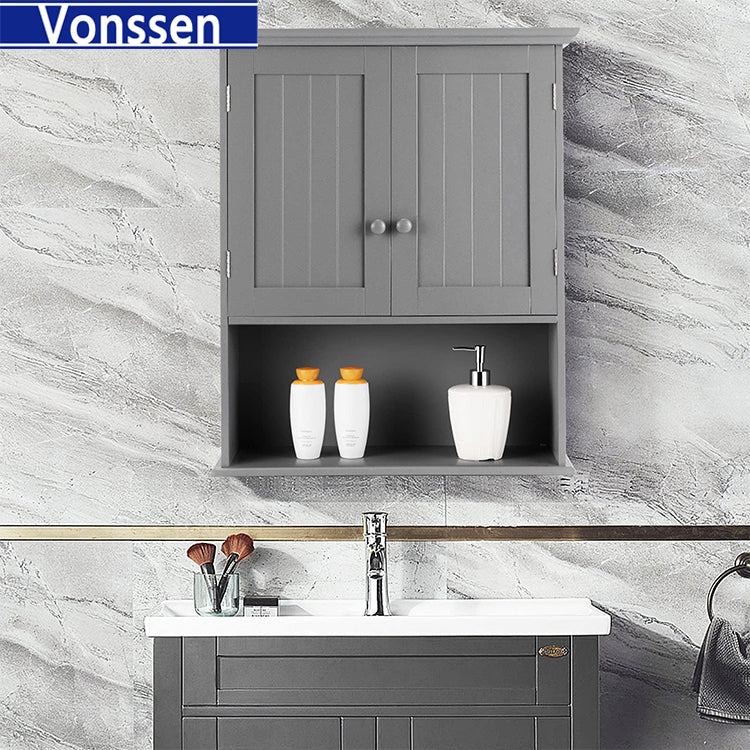 Vonssen Mobili Bathroom Wall Cabinet Mdf White 2 Doors 1 Shelf Hanging Makeup Dispenser SI-80144