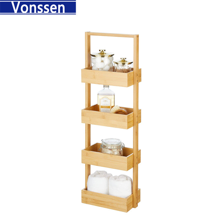 Vonssen Free-Standing 4-Tiered Shelf for Bathroom Wood Bamboo Storage Rack Room Decor Shelves Decorative Organizer Bins for Bath Towels Hand Soap and Toiletries VS1041200077