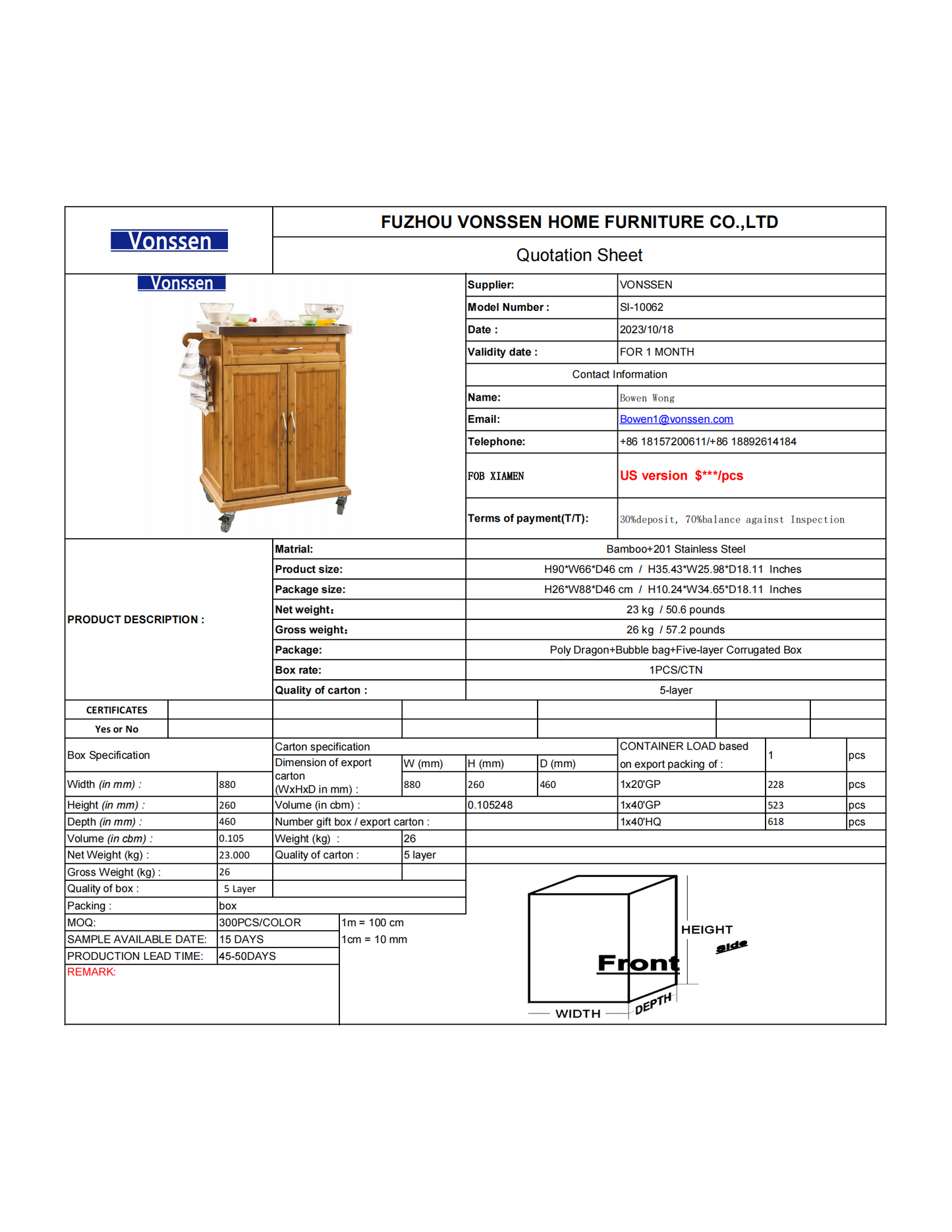 Vonssen Kitchen Cabinet Kitchen Storage Trolley Cart with 201 Stainless Steel Surface SI-10062