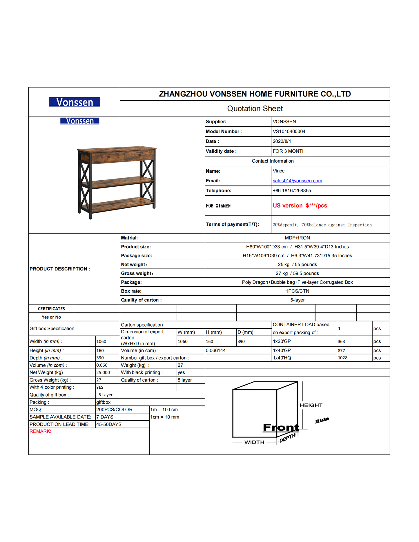 Vonssen Console Table Entryway Table with Storage Shelves Drawers Sofa Table with Metal Frame Farmhouse Industrial Style Rustic Brown and Black VS1010400004