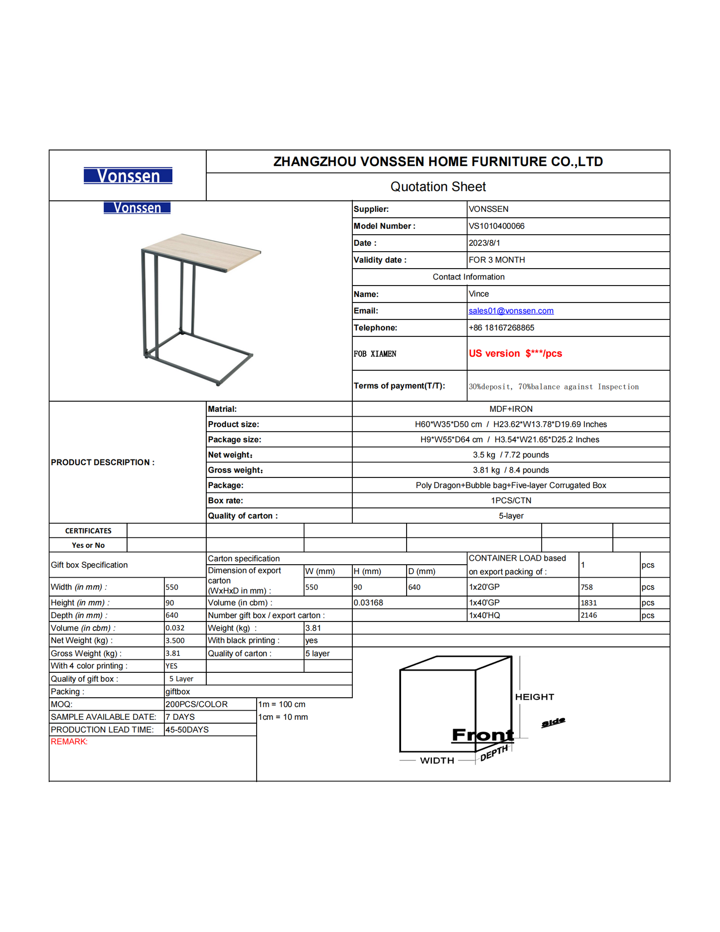 Vonssen Small Side Coffee End Table for Sofa  Black Metal Wood Look VS1010400066 --