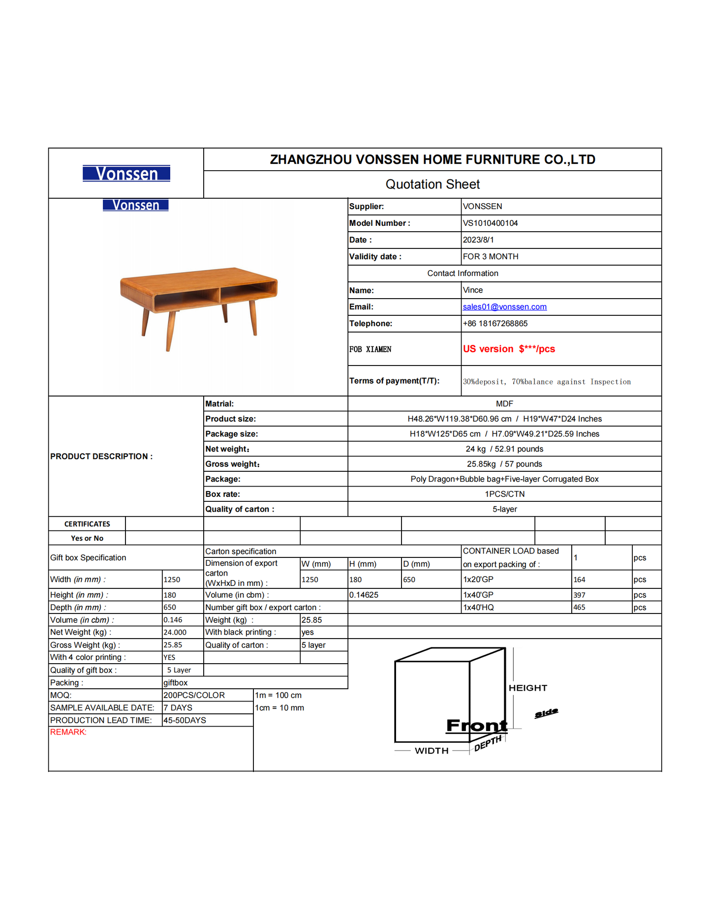 Vonssen Rectangular Wooden Frame Coffee Table with 2 Open Shelves Brown VS1010400104