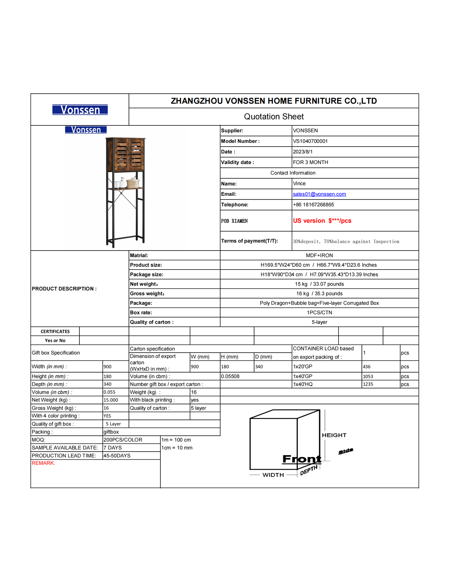 Vonssen Over-The-Toilet Storage Bathroom Organizer Cabinet with Cupboard and Shelf Steel Frame Easy Assembly Industrial Rustic Brown and Black VS1040700001