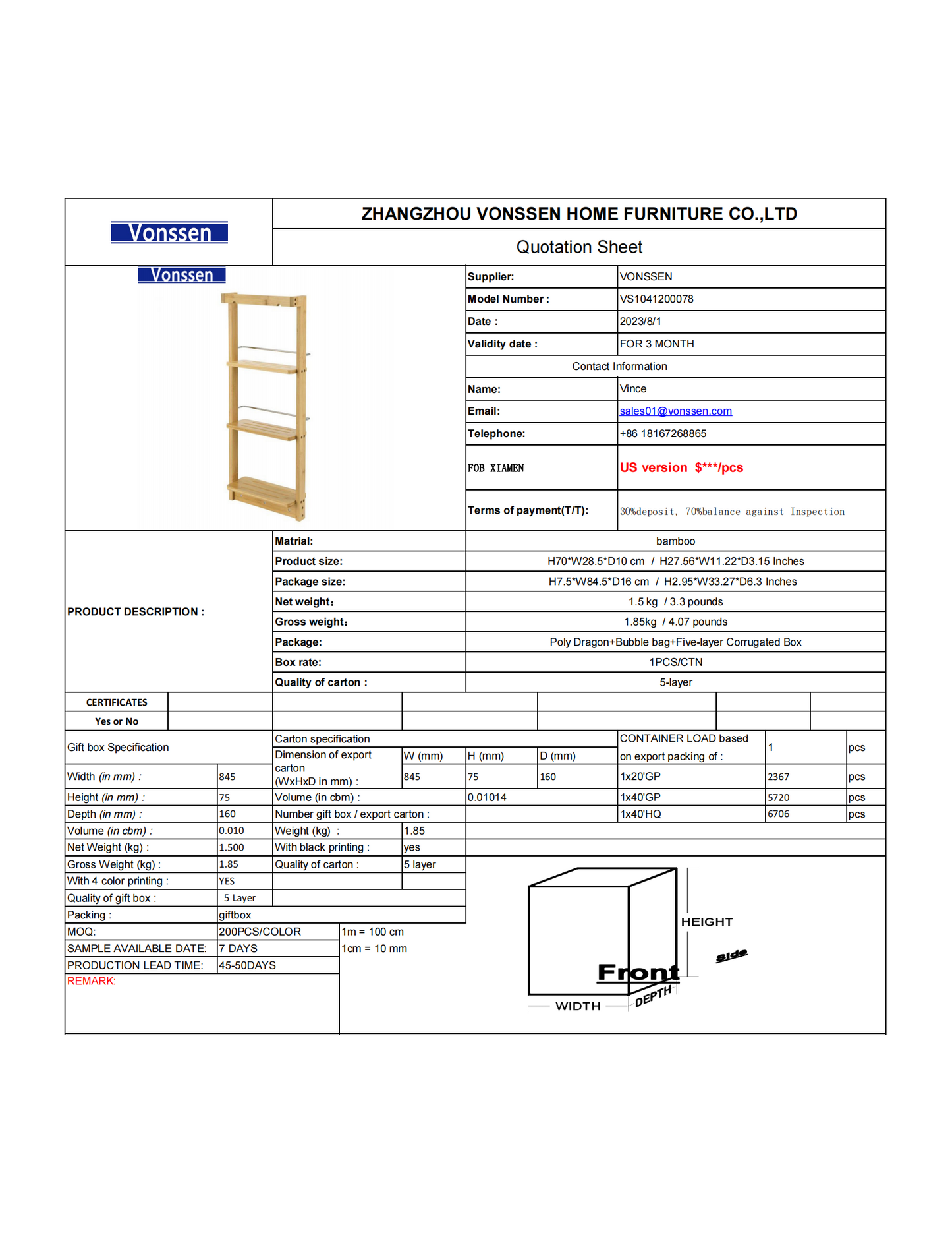 Vonssen bathroom shelf hanging shelf kitchen wall shower shelf bamboo VS1041200078