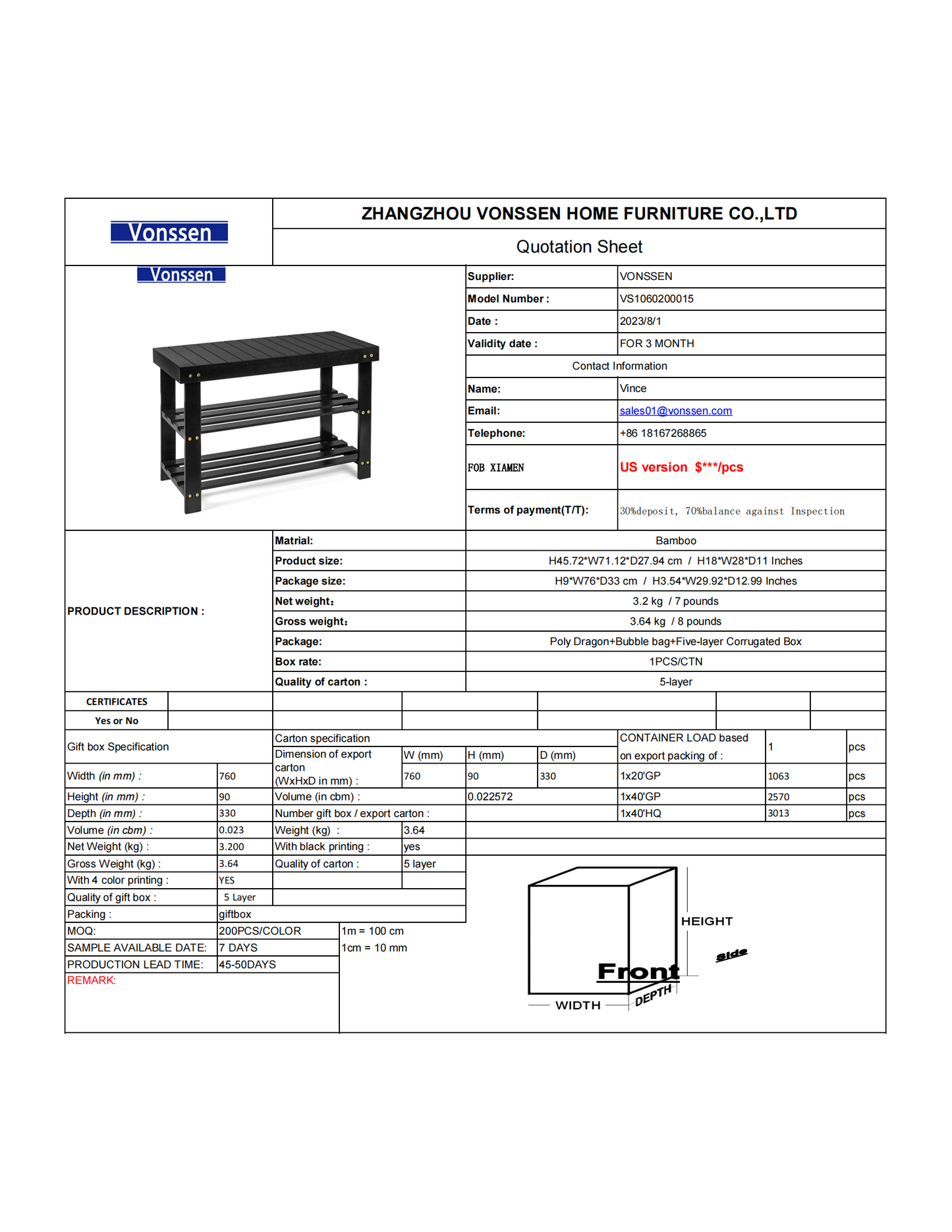 Vonssen 17.7 in. H 6-Pair Black Bamboo Shoe Rack Bench 3-Tier Storage Shelf VS1060200015