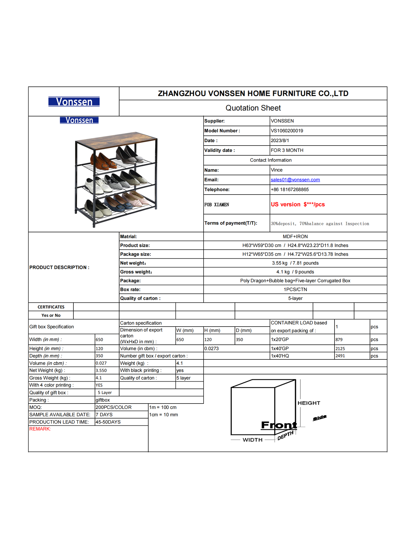 Vonssen 4-Tier Metal Shoe Rack All-Metal Shoe Tower Shoe Storage Shelf for Entryway and Hallway Brown and Colorado VS1060200019