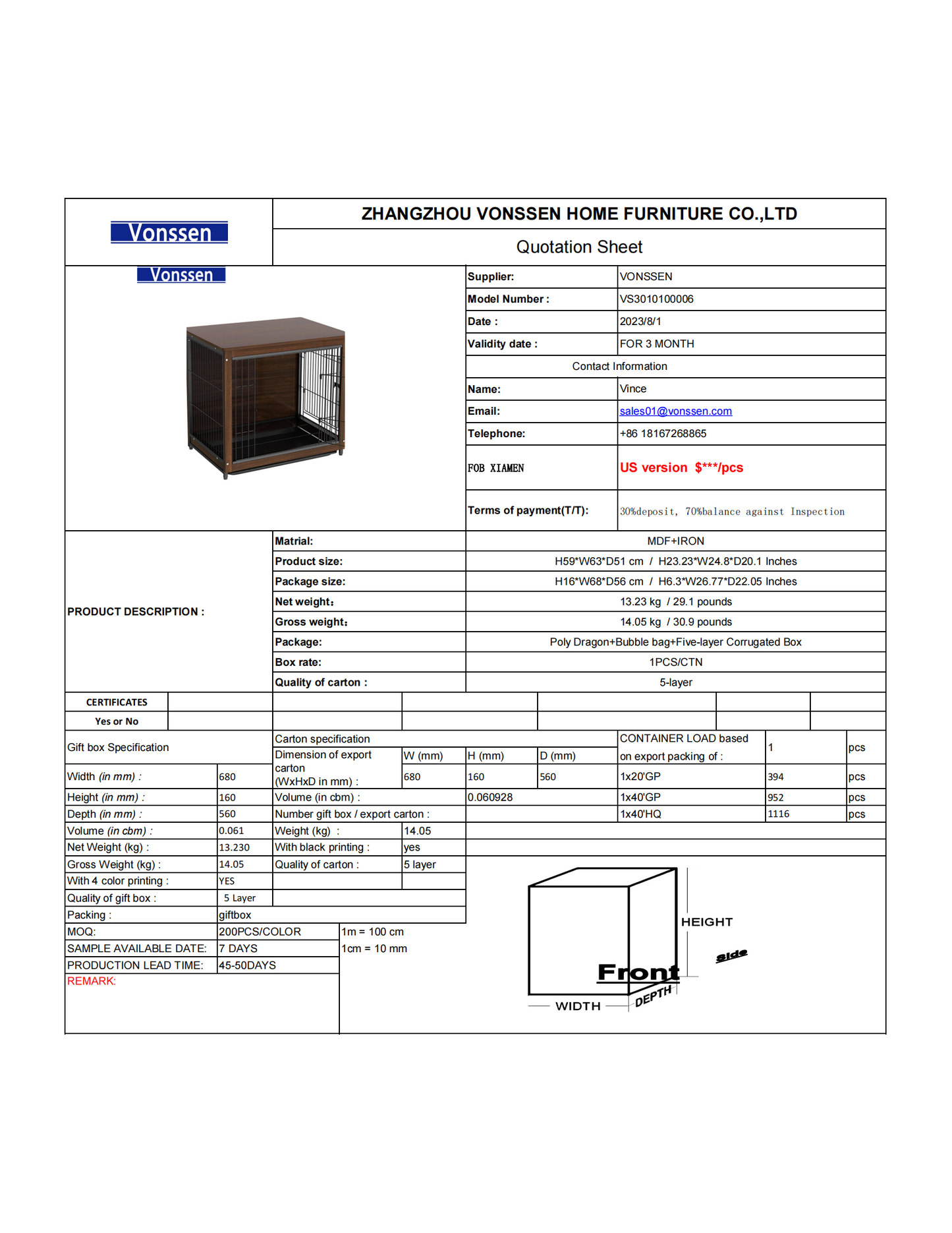 Vonssen Wooden Dog Crate Furniture: 38 inch Nightstand Style Animal Crates with Tray - Indoor Pet Training Pen Cage with Wood Top Double Gate Cute Escape Chew Proof Walnut Brown VS3010100006