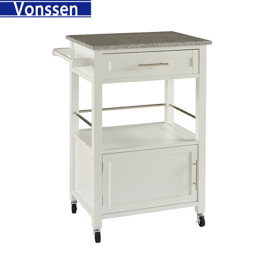 Vonssen Neyrey Mobile Kitchen Island, White Finish with Gray and White Speckled Granite Top SI-20206