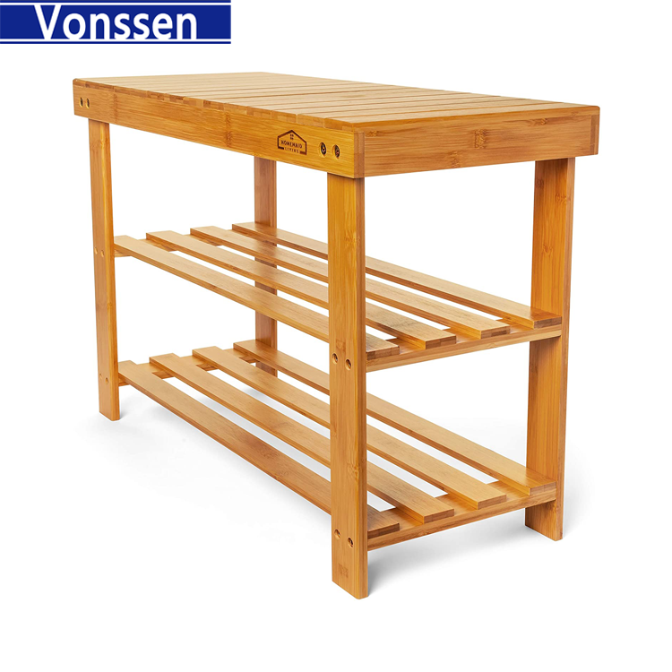 Vonssen 3 Tier Bamboo Shoe Rack Bench Storage Shelf Organizer Entryway Home Furni New-Bamboo Shoe Rack Bench Bamboo Bench Shoe Rack Shoe Rack VS1060200017